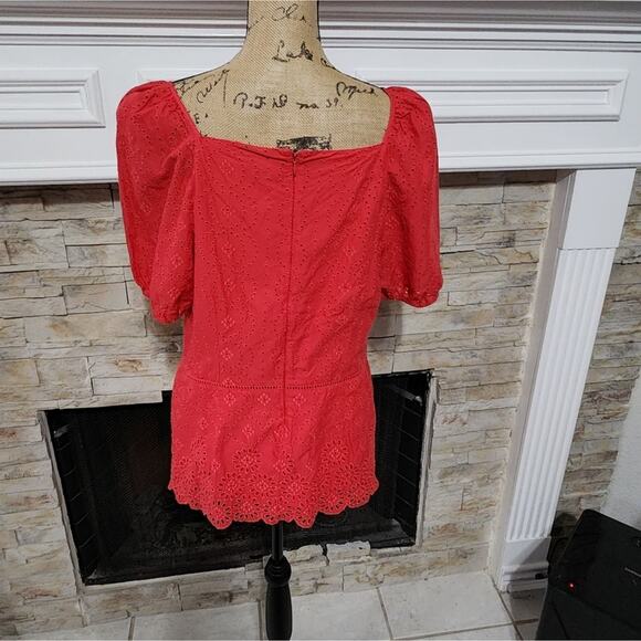 Ann Taylor Fuscia Pink crocheted lace peplum puff sleeve‎ blouse size 14 - Picture 2 of 7